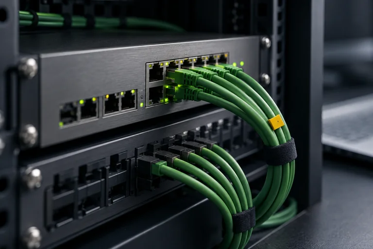 Imagen conceptual de equipos de red conectados mediante cableado verde.